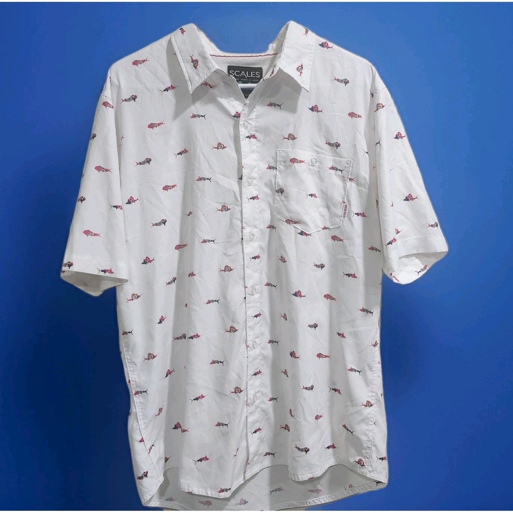 Scales Fishing Shirt L White Short‎ Sleeve Button Front Vented Back Fish Print